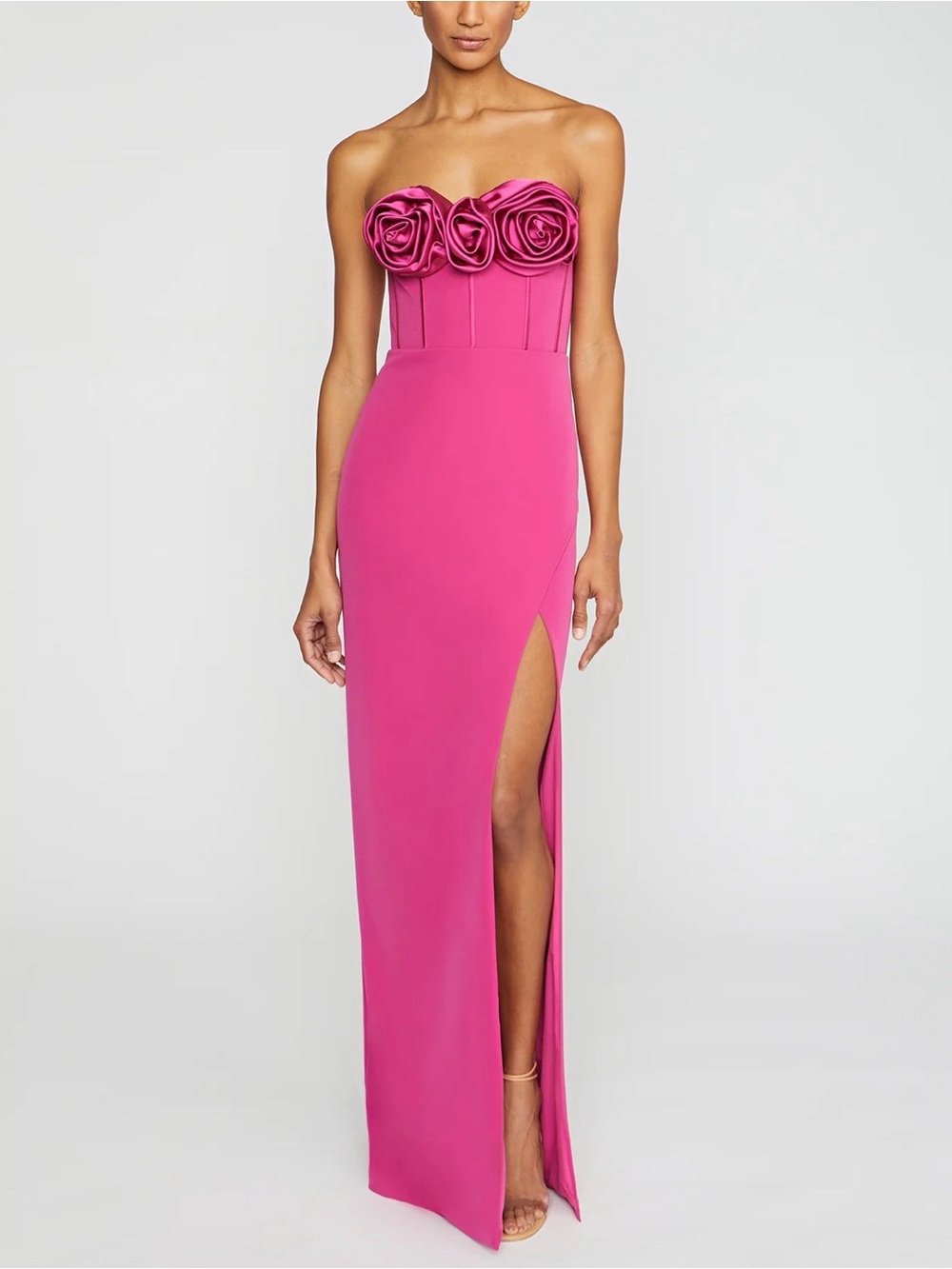 Monique Lhuillier Stella Rosette Maxi Gown Dress Hot Pink Size 6